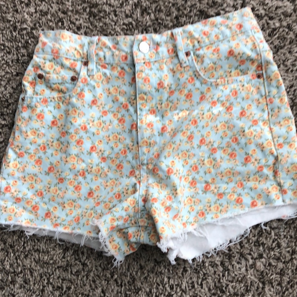 Zara The 90’s Short High Waist Floral Denim  SZ 4 Green Orange Yellow